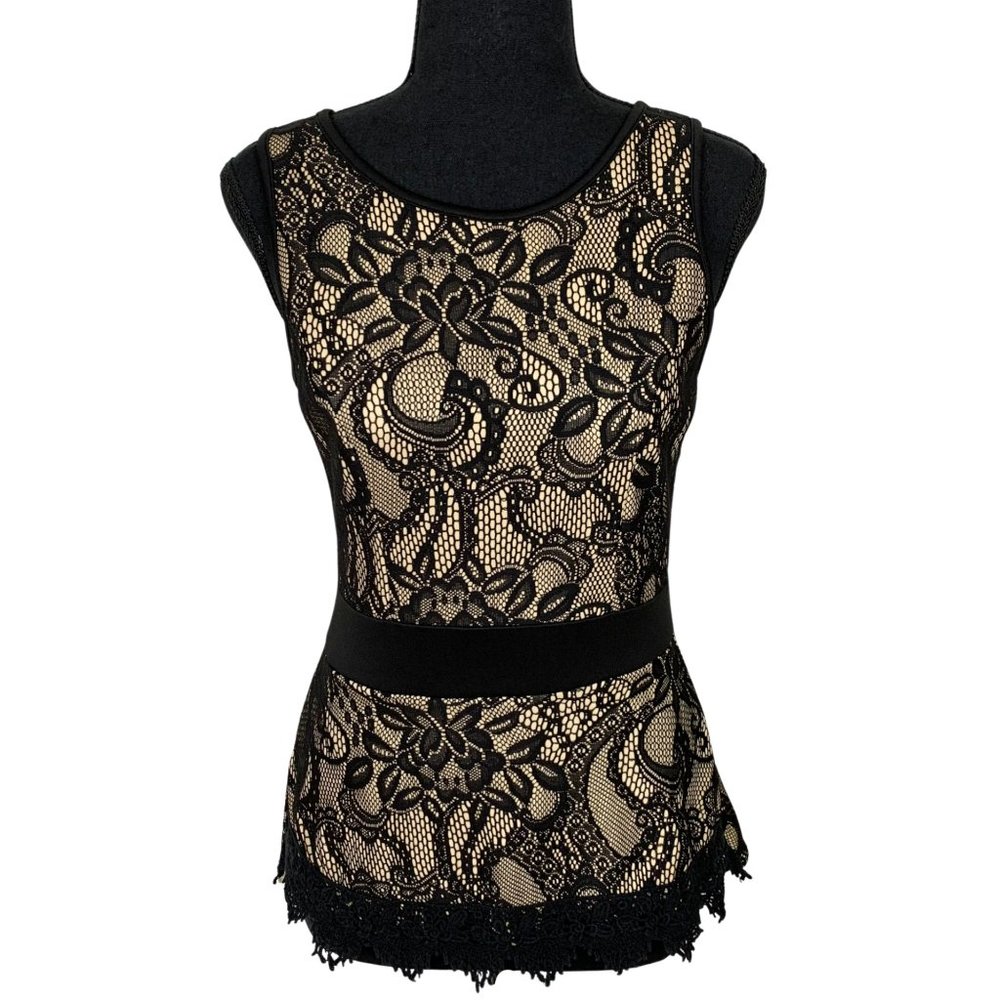 VINTAGE 90s-Y2K Eclipse Black Beige Lace Sleeveless Fitted Top